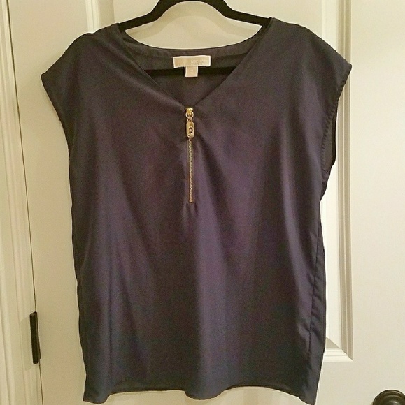 Michael Kors Navy Cap Sleeve Zip front Top - Picture 2 of 5